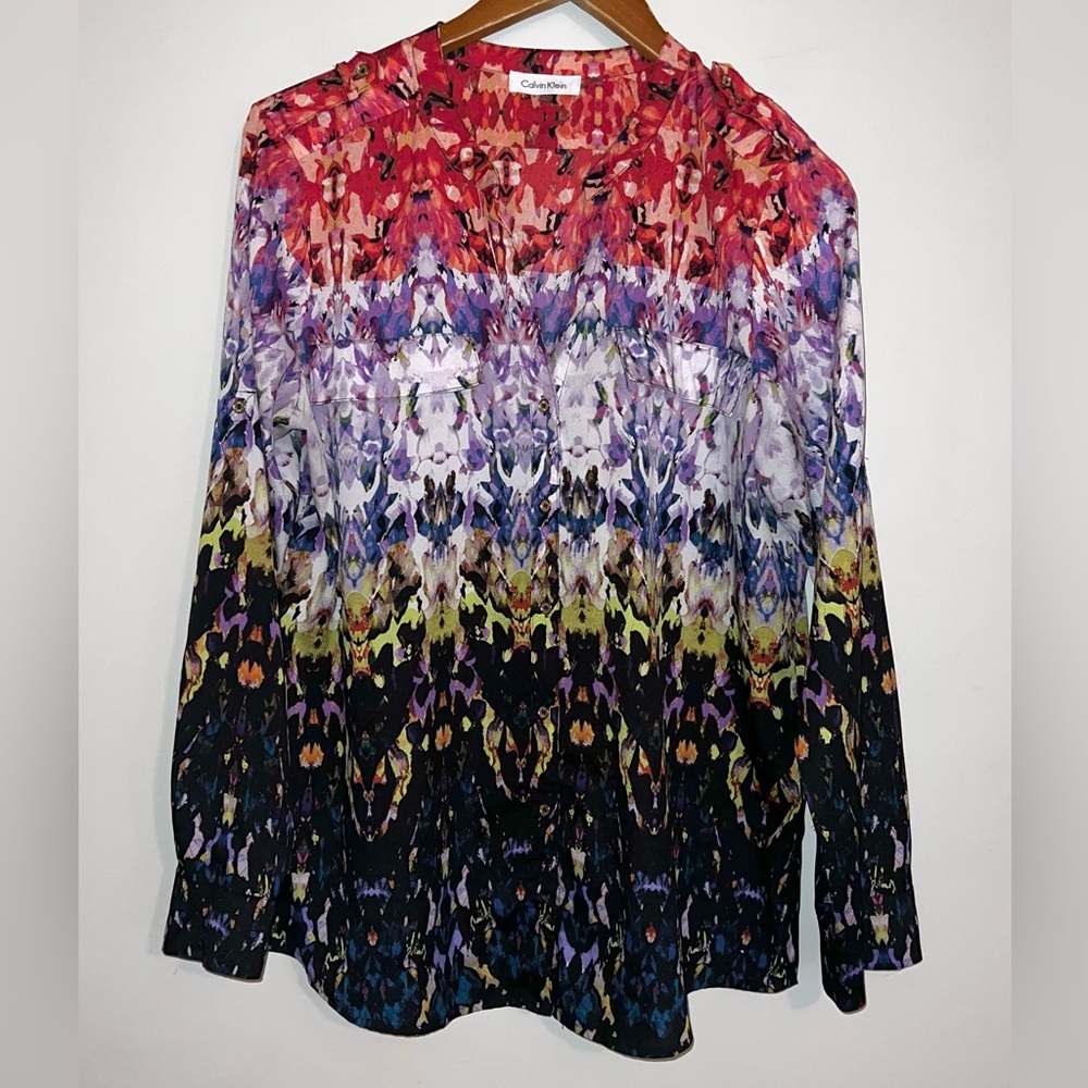 Calvin Klein Flowy Button Down Watercolor Floral Print Top Blouse Sz L
